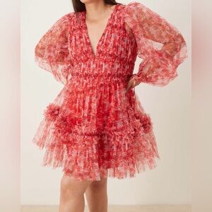 Elegant Red Floral Long Sleeve Dress